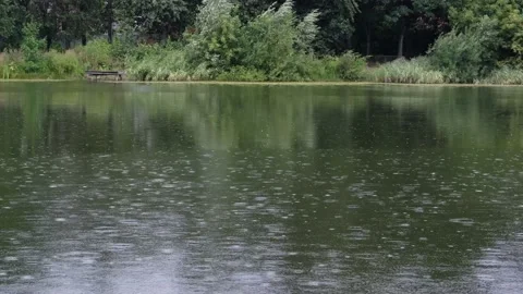 Drizzle drops on the surface of the reservoir. Abstract landscape in windy an Stock-Footage 158431830