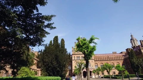 DROGOBYCH, UKRAINE - 3 MAY, 2019: Footage from below of old university and 스톡 동영상 108851406