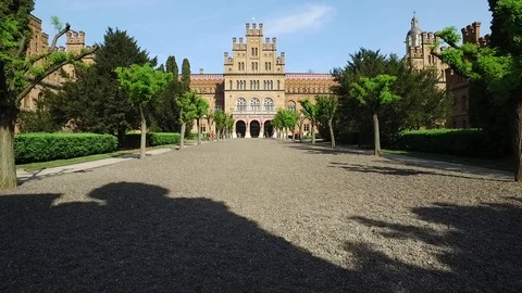 DROGOBYCH, UKRAINE - 3 MAY, 2019: Horizontal shot of university. Awesome old 스톡 동영상 108851908