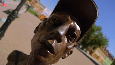 DROGOBYCH, UKRAINE - 3 MAY, 2019: Close-up footage of wooden sculpture of boy in 스톡 동영상 108853393