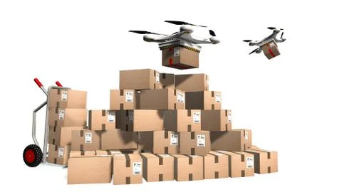 Drohne takes up a package from a stack on and flies to the delivery Stock-Illustration