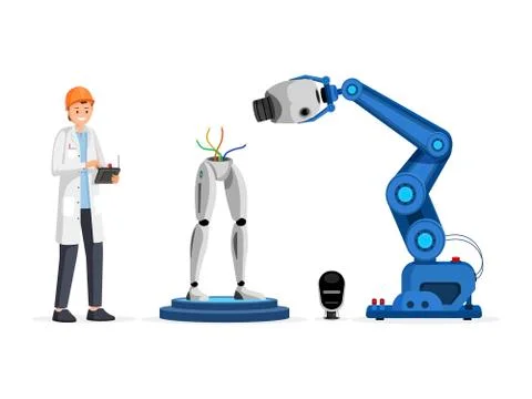 Droid engineering process flat vector illustration. Smiling scientist in hard イラスト素材