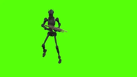 Droid Walking Backward Right Aiming Green Screen Animation 4k Rendering Vídeo Stock 263605118