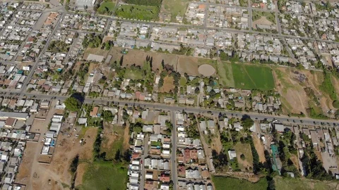 Dron aerial view fields houses mountain day town Stock Footage 105508015