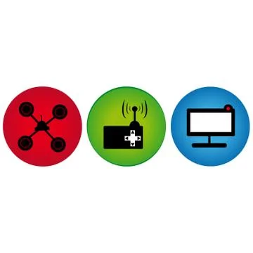 Dron with control and computer on white background Stock Illustration