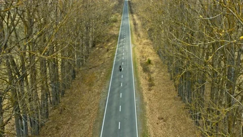 Dron shot of a bearded man riding an old cafe racer motorcycle on road Stock Footage 140364650