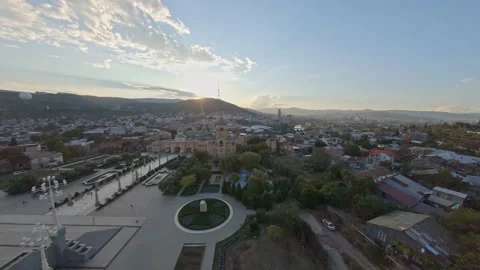 Dron shot over Trinity cathedral's yard in Tbilisi, Georgia Stock Footage 141252797