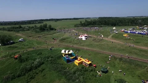 Dron top down many crowd man on open field relax in sunny day outdoor summer sky Stock Footage 119660544