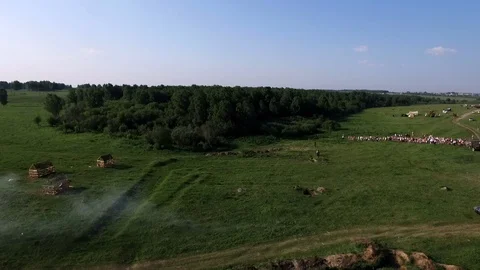 Dron top view lot of crowd people on open field relax in sunny day street summer Stock Footage 119660045