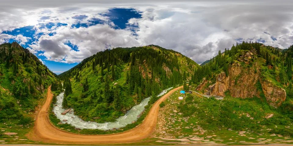 Drone 360 panorama in equirectangular projection of Serene Mountain Valley with Fotos de archivo