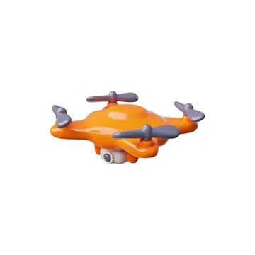 Drone 3D cartoon vector icon, realistic flying wireless orange quadcopter with Stock Illustration