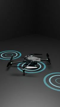 Drone 3D render with multiple glowing circle radar effects Illustrazione stock
