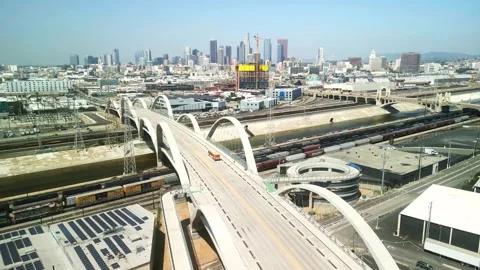 Drone 4k. Aerial view of Los Angeles. LA city bus on 6th Street Viaduct, bus Stockbeeldmateriaal 250191867
