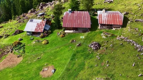 Drone 4K alpine farm chalets in mountain pasture France Stock Footage 330541174