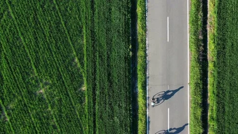 Drone 4k clip of two cyclist and their shadows projecting on the road at sunset Video stock 154745208