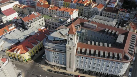 Drone 4k Clock Tower Building Aerial View Busy City - Lisbon Video stock 169718931