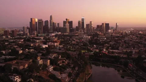 Drone 4K Echo Park Lake with Los Angeles skyline 스톡 동영상 240375893