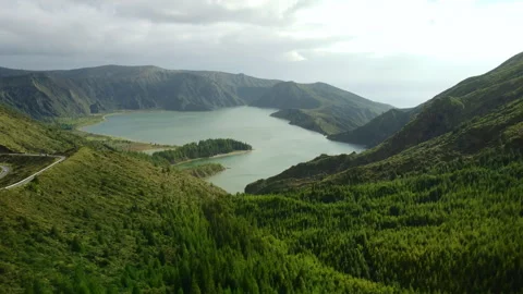 Drone 4K flying forward through trees revealing mountain lake Stock Footage 315253510