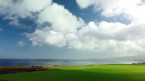 Drone 4K flying low over cliff with cows, green fields, and blue sky clouds Stock Footage 315275642