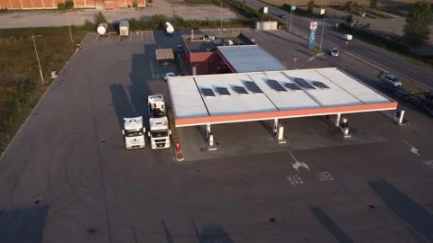 Drone 4k footage of open working gas station in early morning Stock Footage 218470018