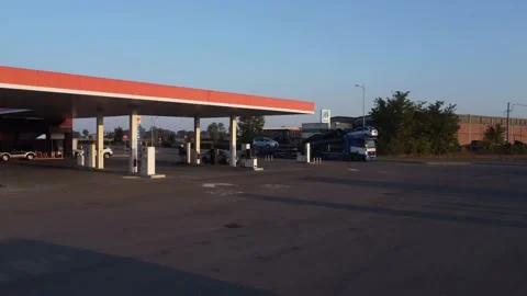 Drone 4k footage of open working gas station in early morning Stock Footage 218470189