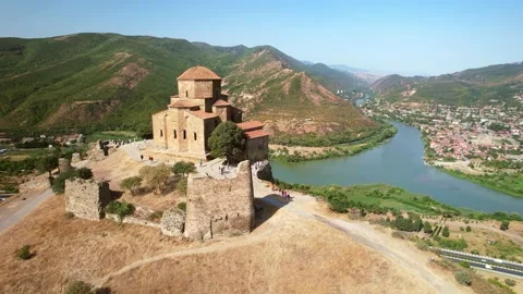 Drone 4k Jvari Monastery, ancient city Mtskheta. famous church in Georgia Summer Stock Footage 223044214