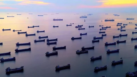 Drone 4K – Multiple Ships Anchored Mid-Sea, Open Ocean, Blue Water Stock Footage 321728988