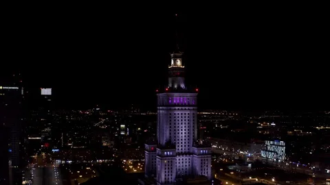 Drone 4k. Night view of city. Warsaw in Poland Stock Footage