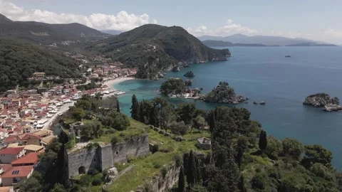 Drone 4k panoramic view of Parga summer sunny day Greece Stock Footage 240190686