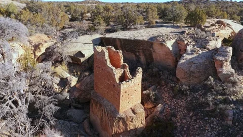 Drone 4K Pullback and Tilt of Rectangular Stone Tower Ruin on a High Desert Stock Footage 328089412