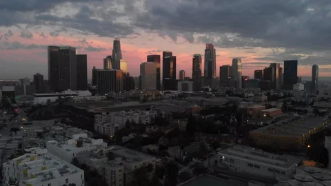 Drone 4k push in shot of downtown L.A. at sunset Stock-Footage 96727591