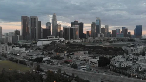 Drone 4k push in shot of downtown L.A. at sunset 스톡 동영상 96728150