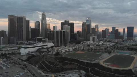Drone 4k Shot pull up and out of downtown L.A. at sunset Stock-Footage 96728163