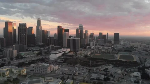 Drone 4k Shot pull out of downtown L.A. at sunset Stock-Footage 96727514