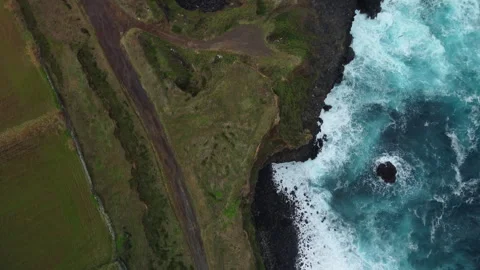 Drone 4K top-down over green rocky cliff with crashing waves Stock Footage 315257137