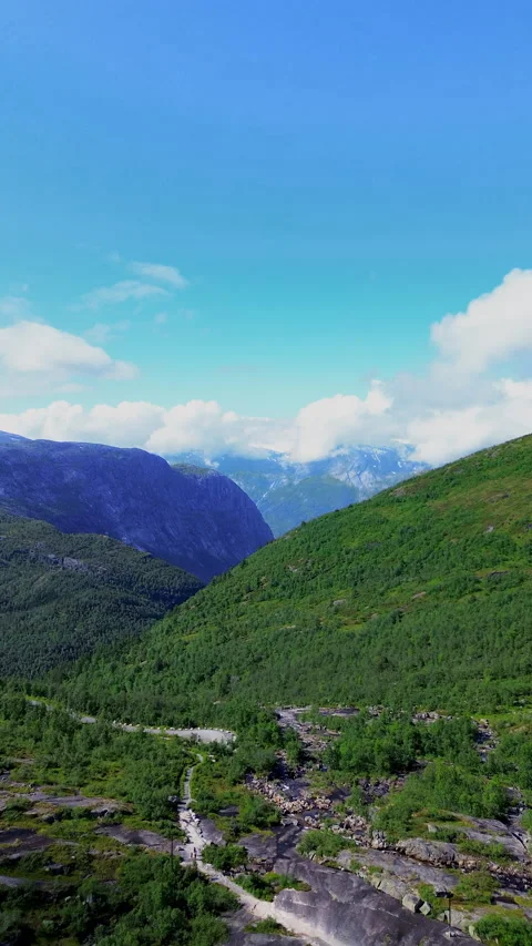 Drone 4K View of Stunning Mountains Under a Clear Blue Sky in Norway, Portrait Stock Footage 296020622