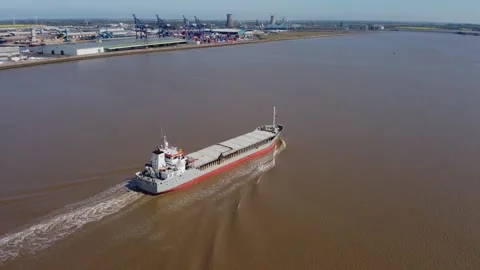 Drone 50fps. Empty container ship on the river hull. Hull.UK 10.4.2026 Stock Footage 333496000