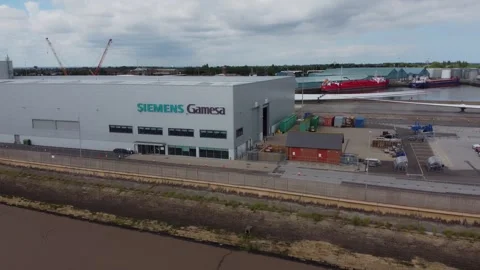 Drone 50fps. Siemens Gamesa. Wind turbine factory.  Hull.UK. 19.6.2024 Stock Footage 277792750