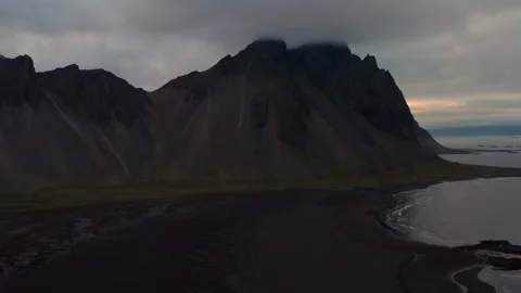 Drone Above Black Sand Beach With Vestrahorn Mountain Stock Footage 178280171