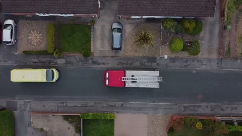 Drone above. Fire engine and ambulance in urban street setting. Hull.UK 5.7.2025 Stock Footage 317938847