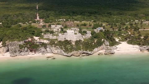 Drone above Maya ruins ancient civilisation site in Mexico Tulum Caribbean Sea Stock Footage 256090474