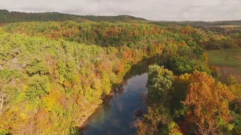 Drone Above River with Fall Colors Stock Footage 75586444