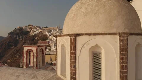 Drone from above view of white houses and church dome in Fira, Santorini Island Stock-Footage 280233353