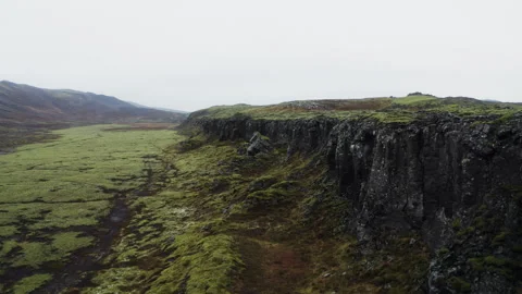 Drone Advances Over Moss Valley Beside Basalt Cliff in Iceland Видео 339071215