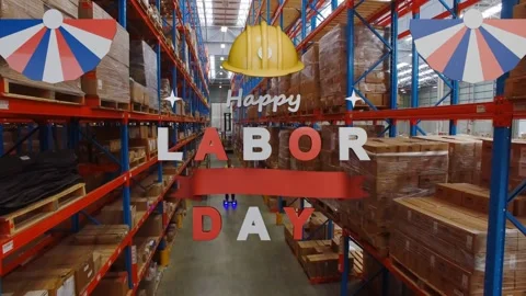 Drone advancing down warehouse aisle, graphics appearing, letters forming LABOR 스톡 동영상 340654732