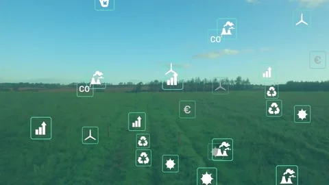Drone advancing over farmland, causing floating wind, chart, sun, CO icons Stock Footage 331871757