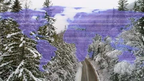 Drone advancing over snow road, on approach purple overlay appearing, banding, Stock Footage 333925063
