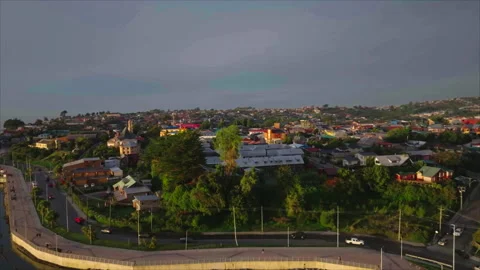 Drone advancing toward church at sunset, Puerto Montt Stock Footage 340991498