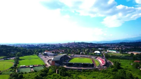 Drone Aerial 4K flight view Arezzo Skyline City Stadium Stock Footage 242808749