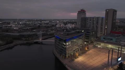 Drone Aerial Of BBC Studio, Media City, Salford Quays, Manchester, 20.12.2025 Stock Footage 322508994